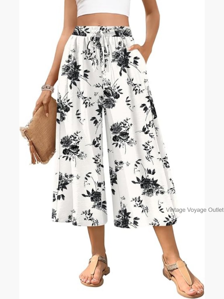 Wide Leg Palazzo Capri Pants With Pockets Drawstring High Rise